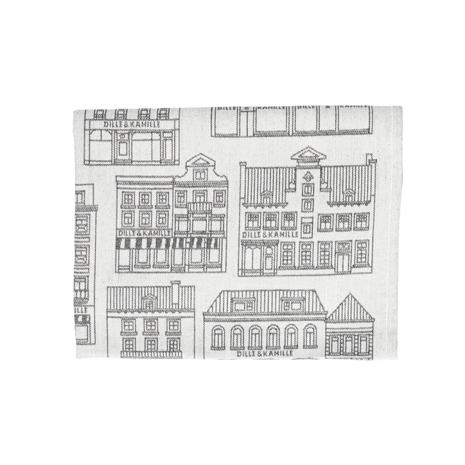 Theedoek, katoen, wit/zwart met gevelmotief
