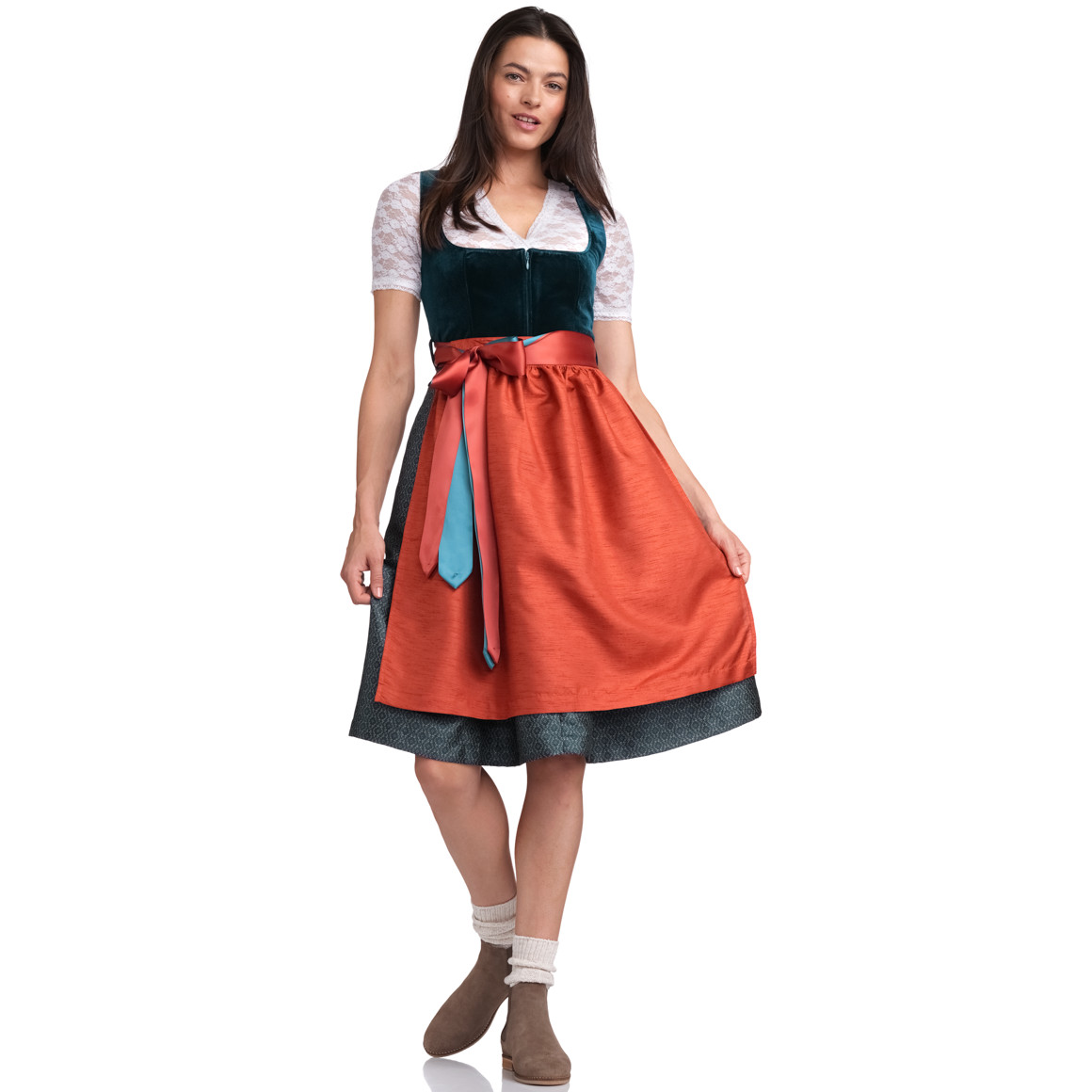 Gina Benotti Damen Dirndl mit Velvet dunkeltürkis / orange