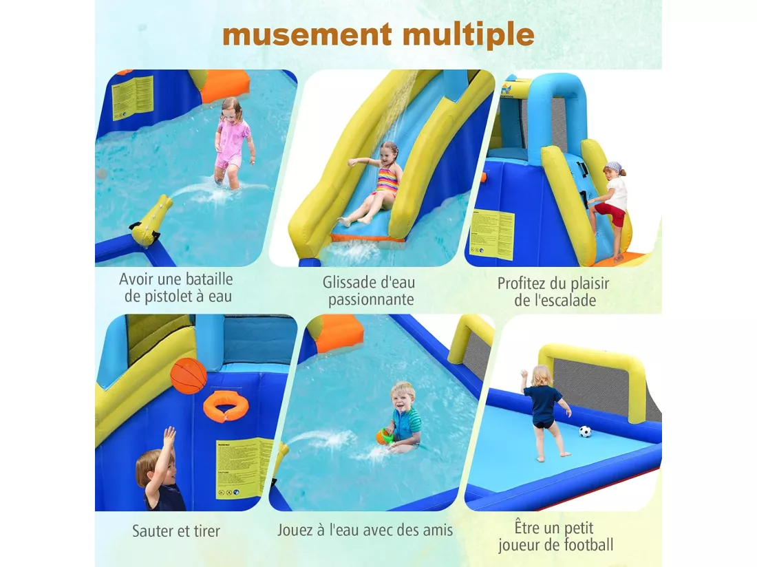 6 en 1 Château Gonflable Aquatique avec Piscine et Toboggan, Maison de Rebond Gonflable avec Panier de Basket, Mur d’Escalade, Pataugeoire pour Enfants de 3 Ans+(avec souffleur 680W)