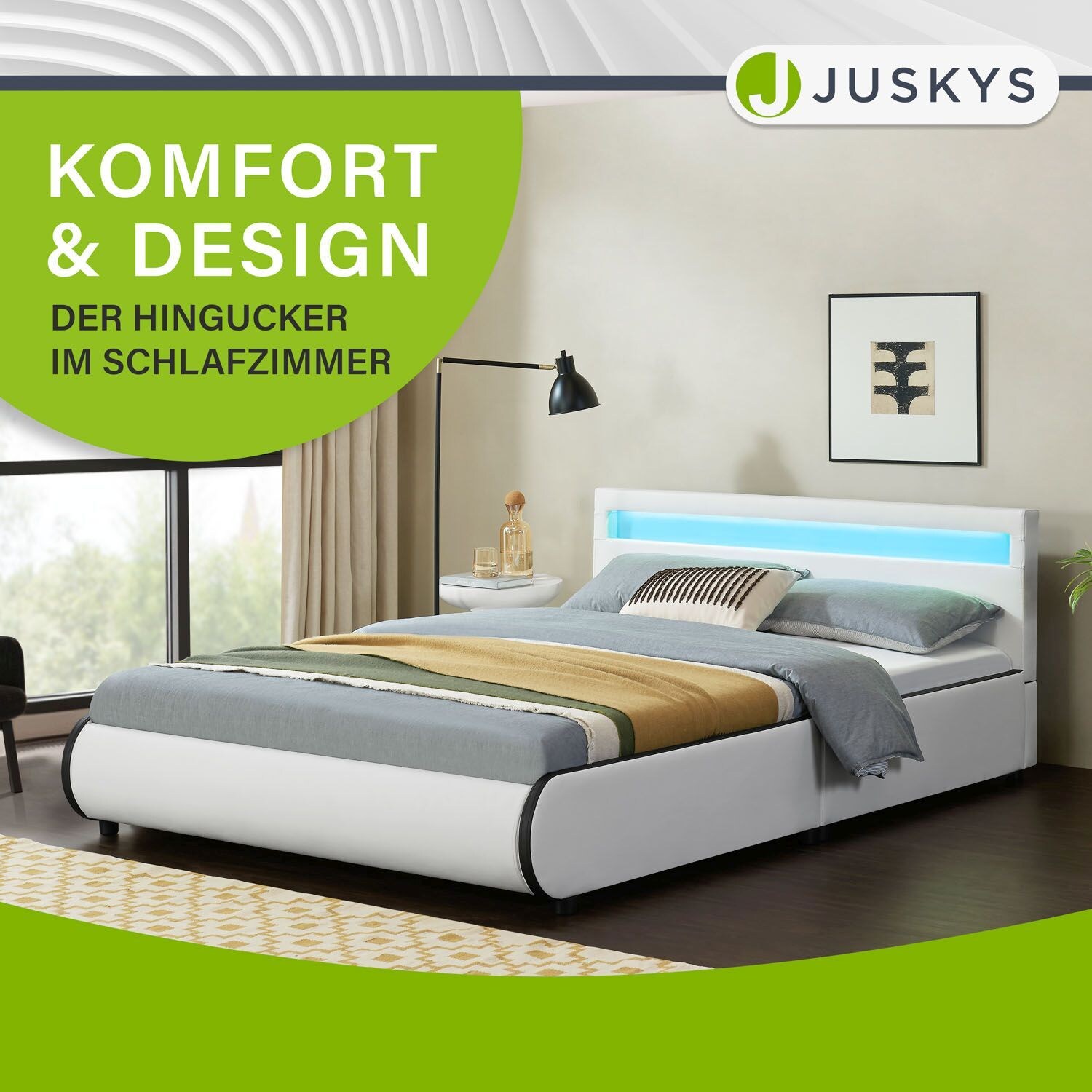 Juskys Polsterbett Sevilla 140 x 200 cm weiß Einzelbett mit Kaltschaummatratze