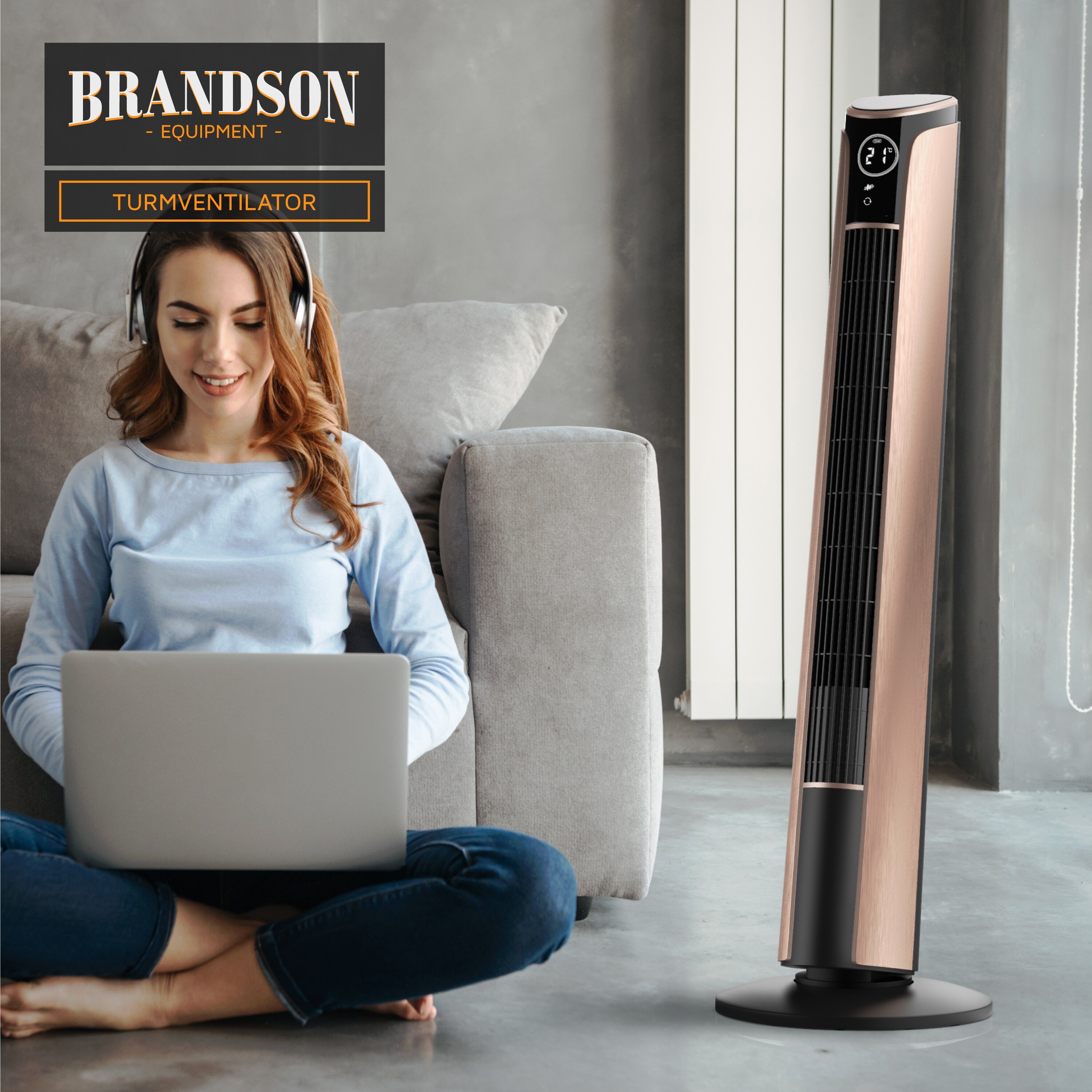 Brandson Turmventilator 108 cm, Ventilator 10 Grad neigbar, Standventilator, 65° oszillierend, 3 Geschwindigkeitsstufen, 4 Lüftungs-Modi