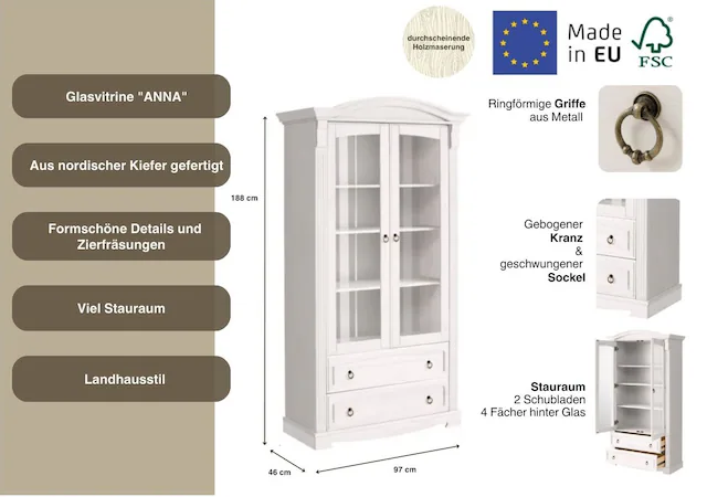 Home affaire Glasvitrine »Anna« Gesamtmasse (B/T/H): ca. 97/46/188 cm,  mit Glastüren, 2 Schubladen, Höhe 188 cm, aus massiver Kiefer, FSC®