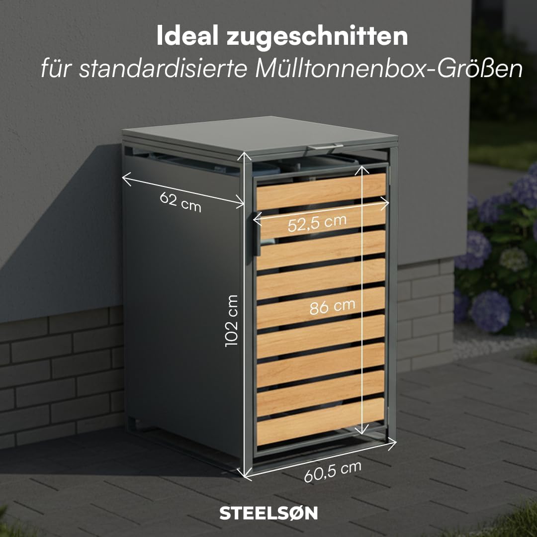 STEELSØN Kestra Mülltonnenbox 1er bis 120L – Mülltonnenverkleidung aus Stahl mit Sichtstreifen in Holzoptik – hochwertiger Müllcontainer für 1 Tonne – Müllbox in Anthrazit – Gerätebox wetterfest