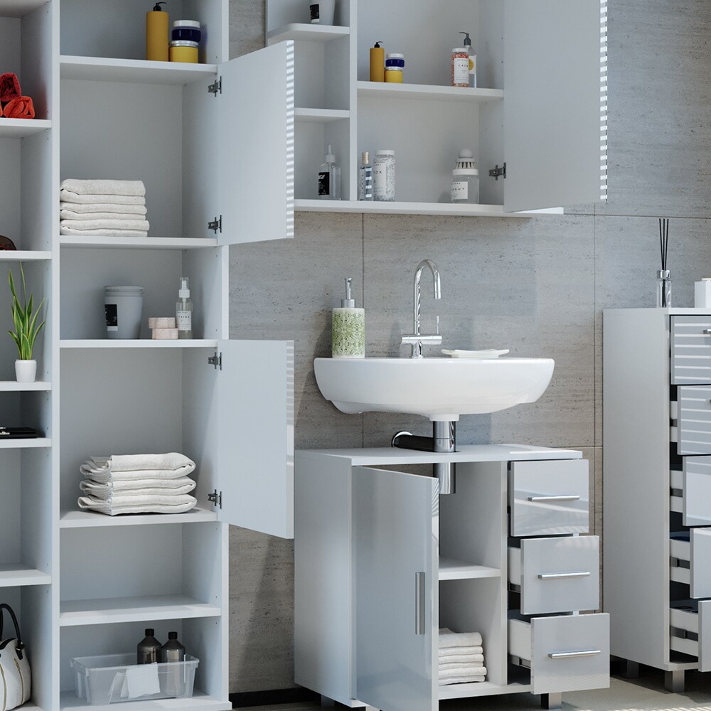 Vicco Badmöbelset Ilias Weiß Hochglanz modern Badezimmer Schrank Badschrank Waschtischunterschrank Spiegelschrank Midischrank Hochschrank Schranktür Schrankschublade Schrankfach Ablage Aufbewahrung