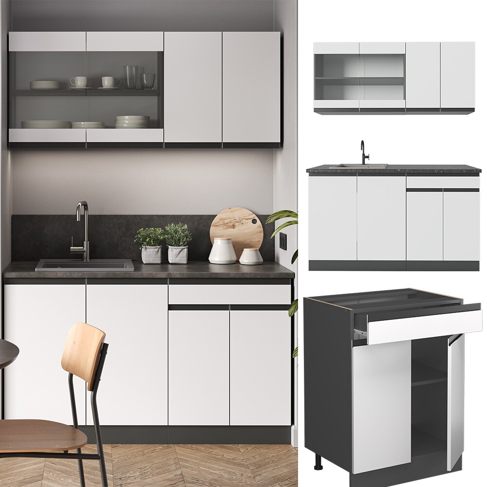 Vicco Küchenzeile Küchenblock Einbauküche R-Line J-Shape Anthrazit Weiß 140 cm modern Küchenschränke Küchenmöbel