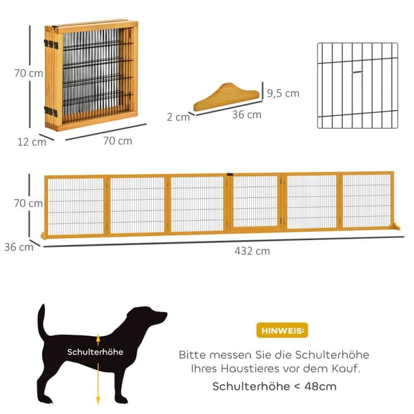 Hundesperre, justerbar sikkerhetsgrind med føtter, 432 x 70 cm hundegrind i tre, sammenleggbar trappegrind, hundesperre for trapp, dører, gang, 6 pane