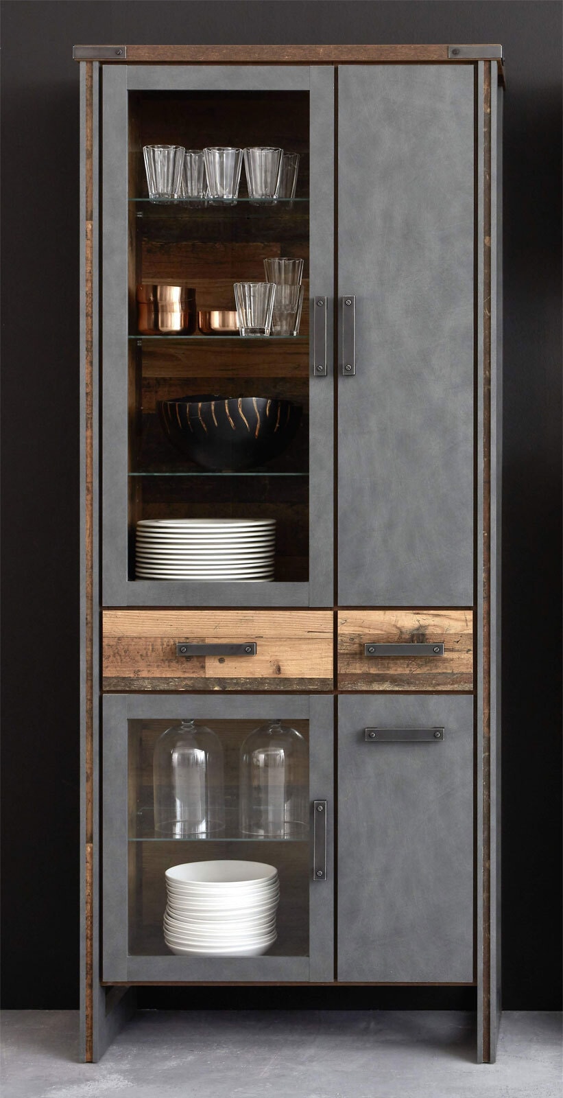 Vitrine Prime Grau/Braun Matera Old-Wood-Optik 89 x 212 x 42 cm