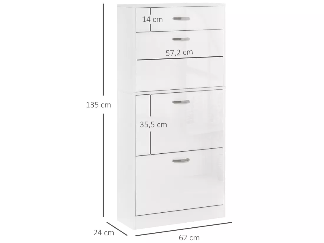 Meuble à chaussures - 3 portes abattantes et tiroir coulissant - dim. 62L x 24l x 135H cm - poignées alu. panneaux particules blanc