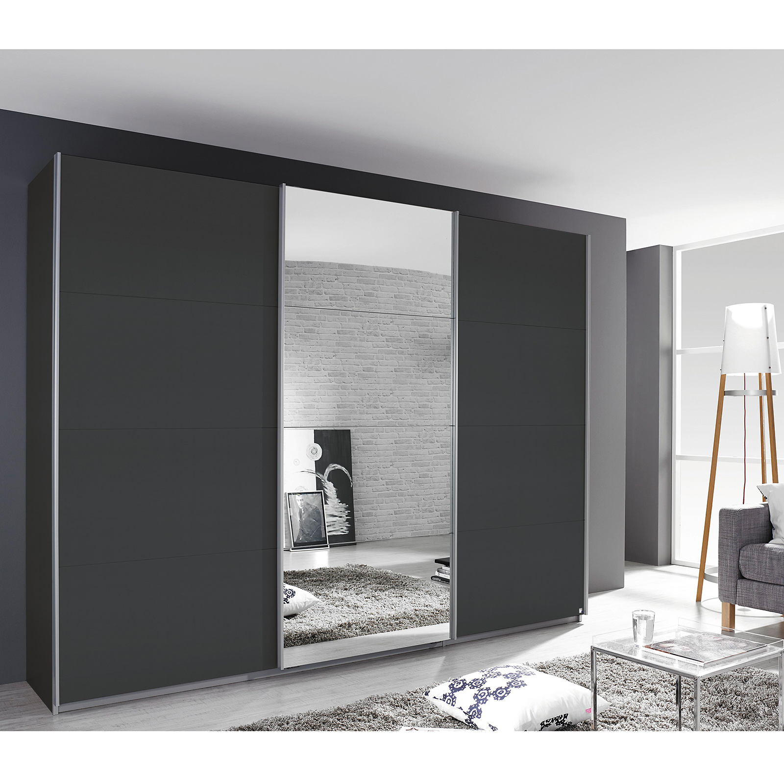 Schwebetürenschrank - grau-alufarben - mit Spiegel - 271x210 cm