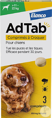 AdTab 450mg Antiparasitaire Interne Chien +11-22kg 3 Comprimés À Croquer