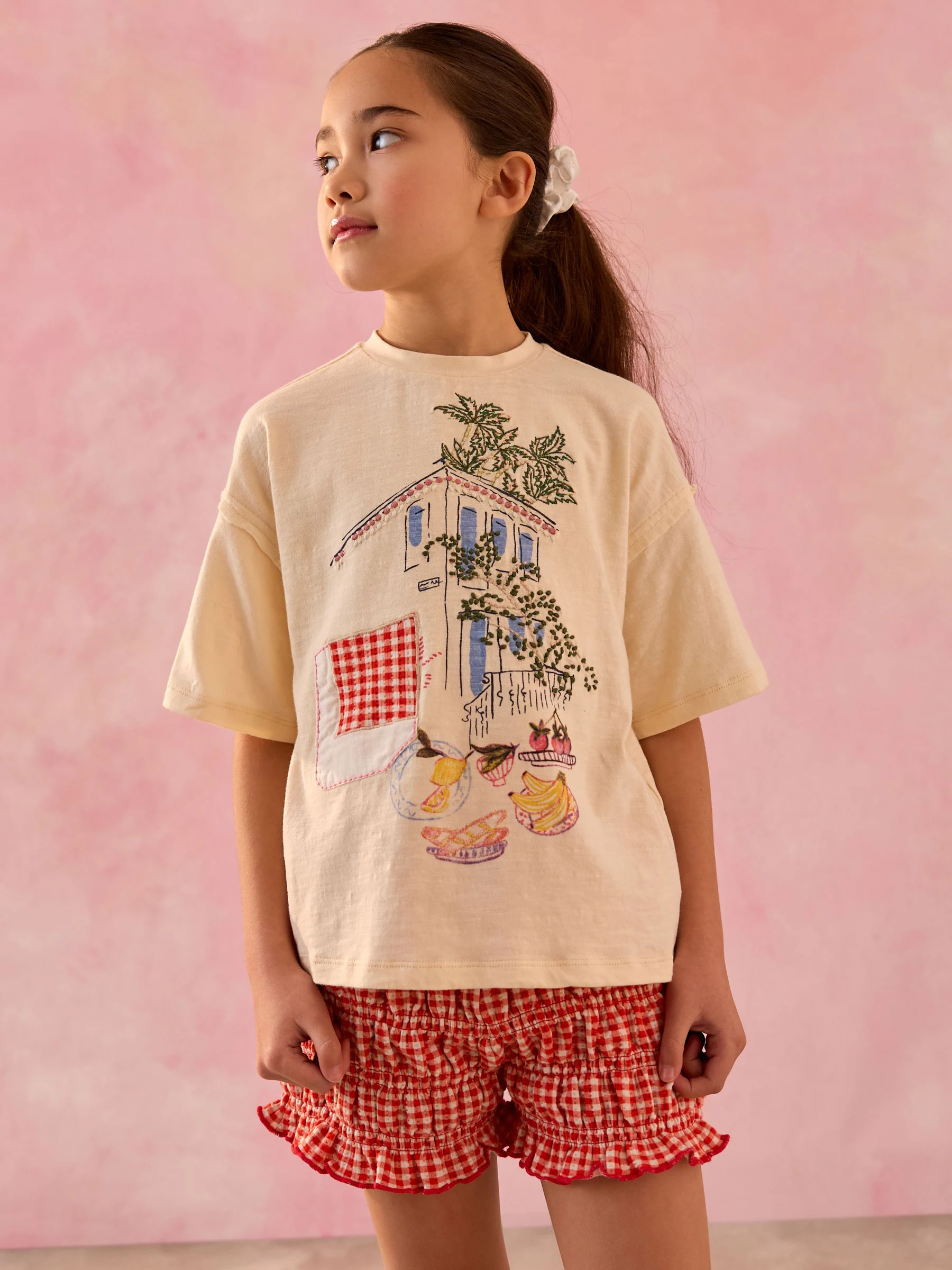 Ecru/rood geruit - Set van T-shirt en bloomer shorts met print (3-15jr)