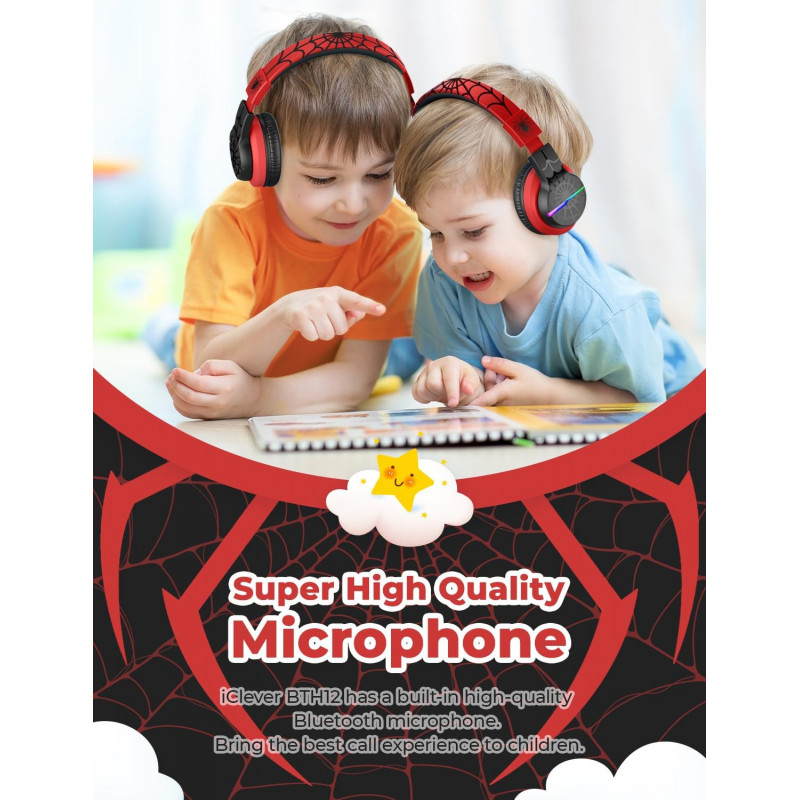 BTH12 Headphone Kids BT LED Bluetooth Kopfhörer Over-Ear 74/85dB Lautstärkeeinstellungen (C03-1702N-37) - Schwarz / Rot