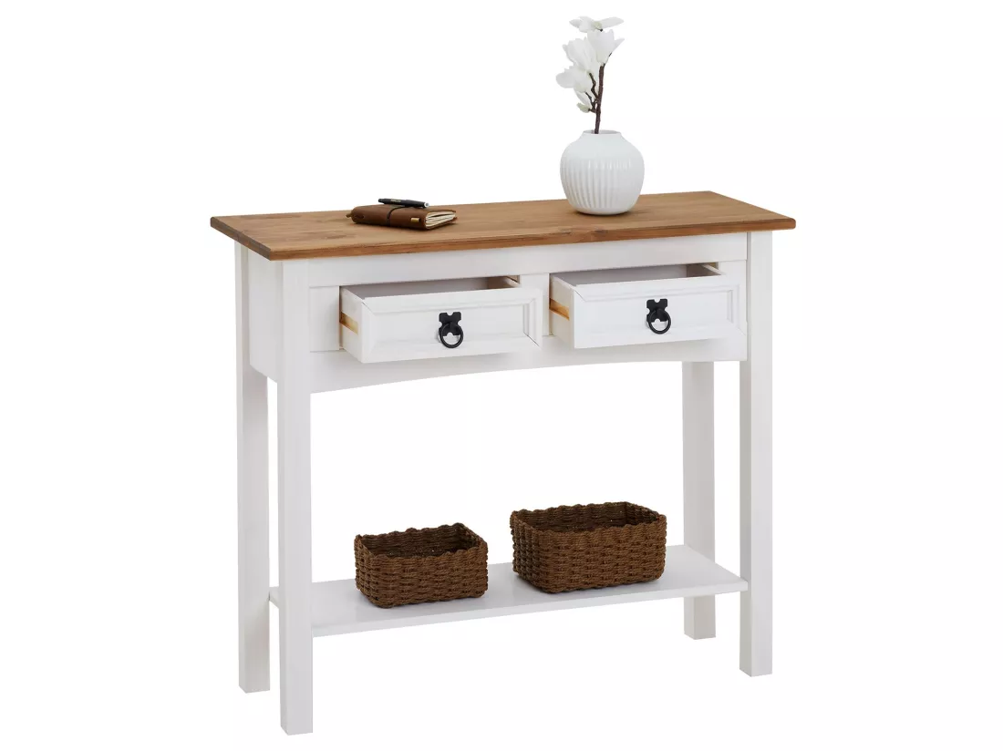 Table console CAMPO table d'appoint rectangulaire en pin massif blanc et brun avec 2 tiroirs et 1 étagère, meuble d'entrée en bois