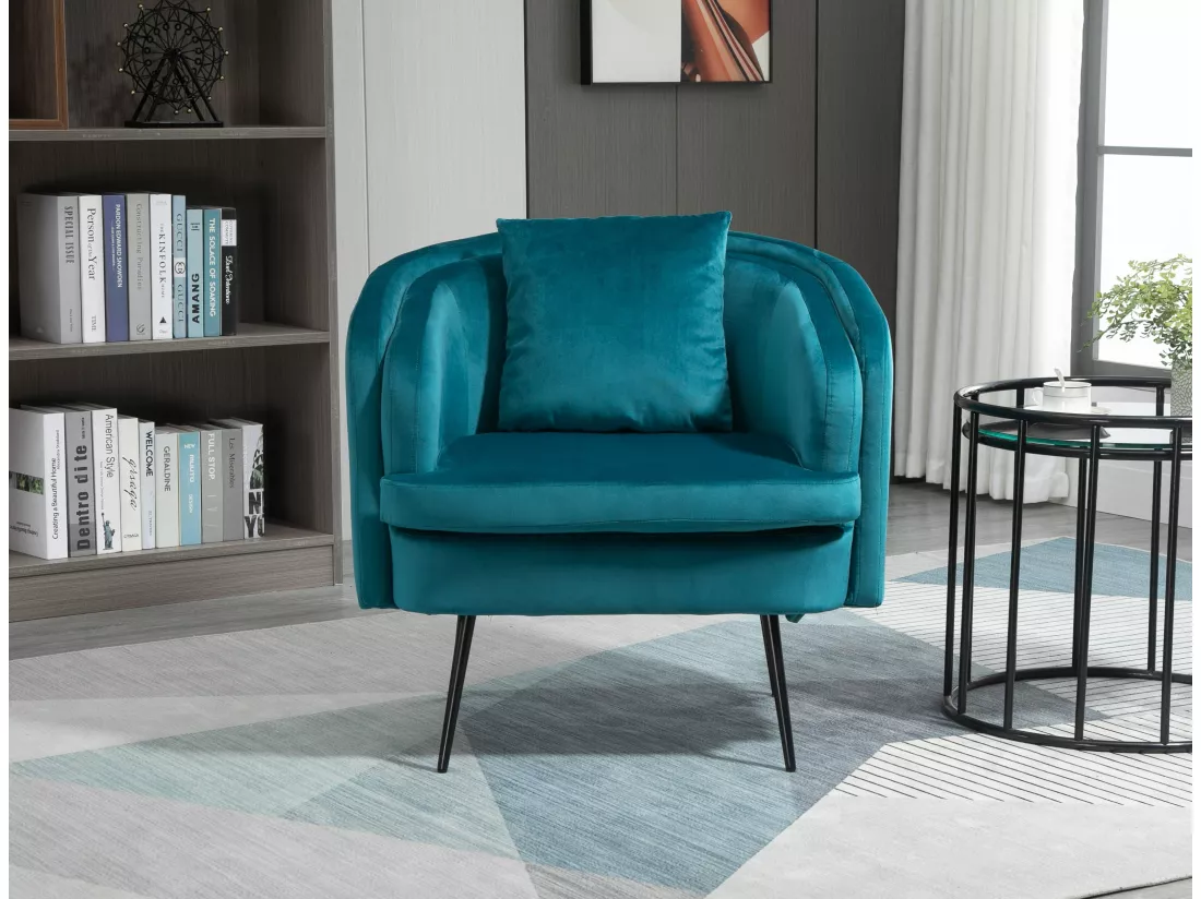 Fauteuil de salon en métal et velours bleu canard
