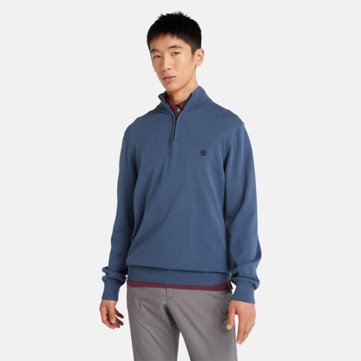 Suéter masculino Williams River de algodão com zíper até o peito na cor azul.