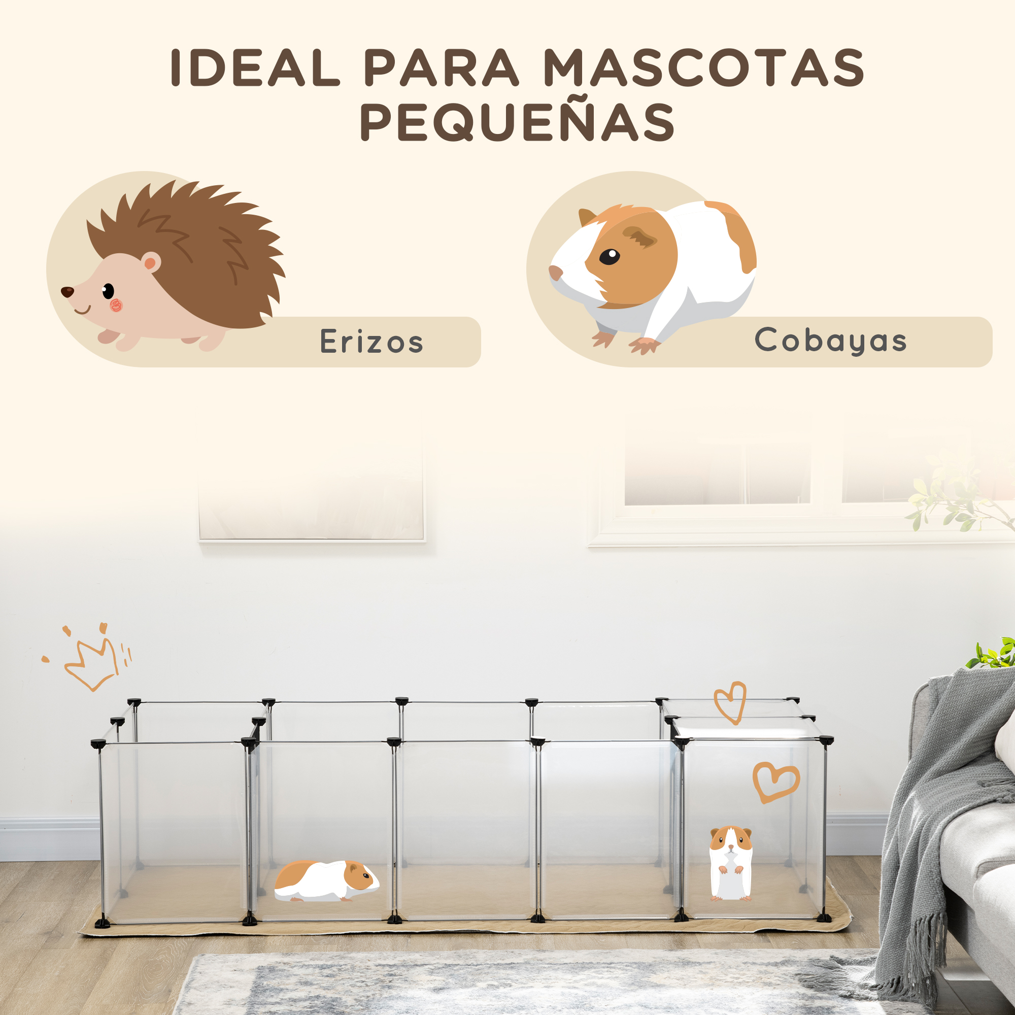 Parque infantil modular Pawhut DIY com tapete, para pequenos animais, com 20 painéis de resina, ideal para porquinhos-da-índia, coelhos e chinchilas, 175 x 70 x 45 cm, branco.