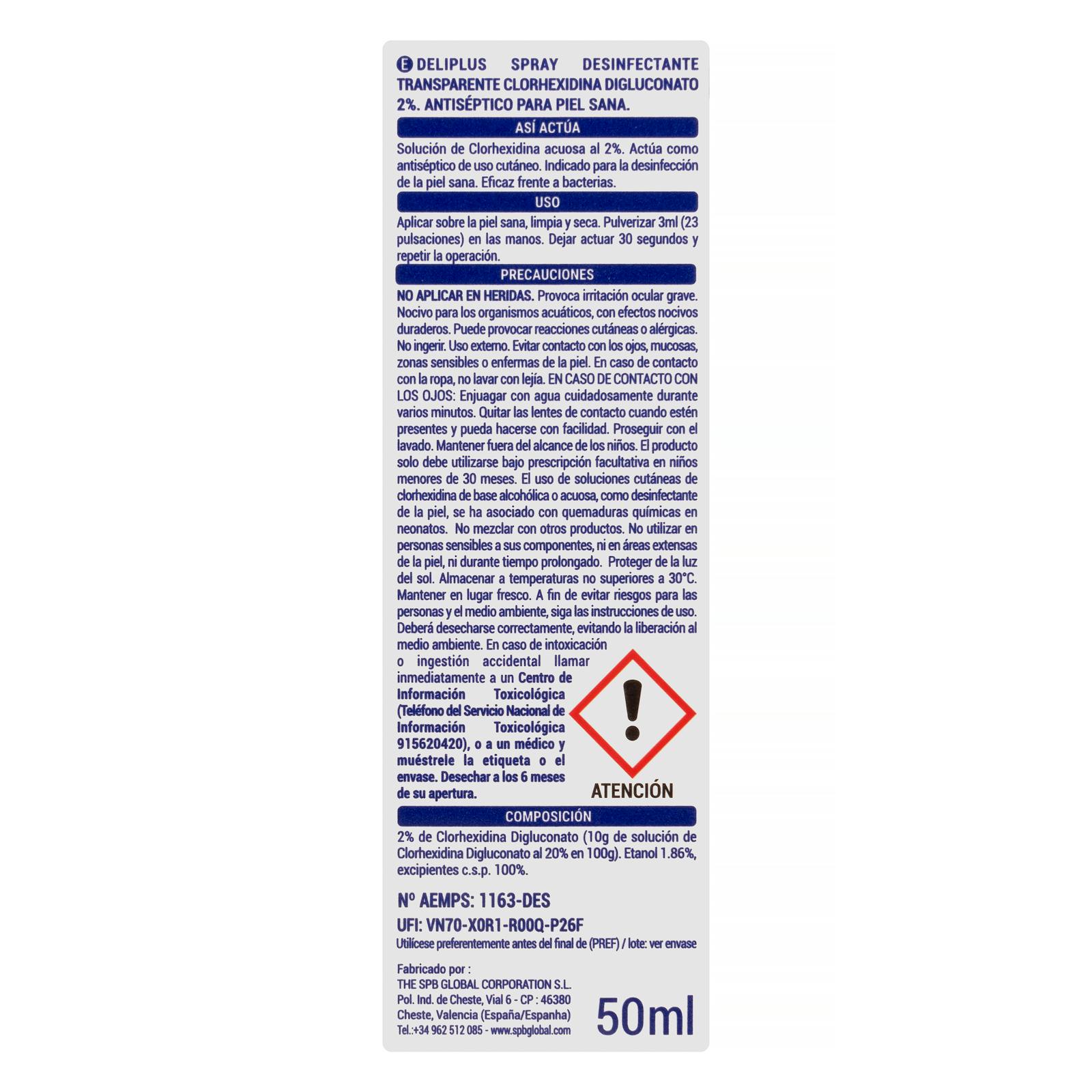 Le spray désinfectant antiseptique transparent Deliplus contient 2 % de digluconate de chlorhexidine.