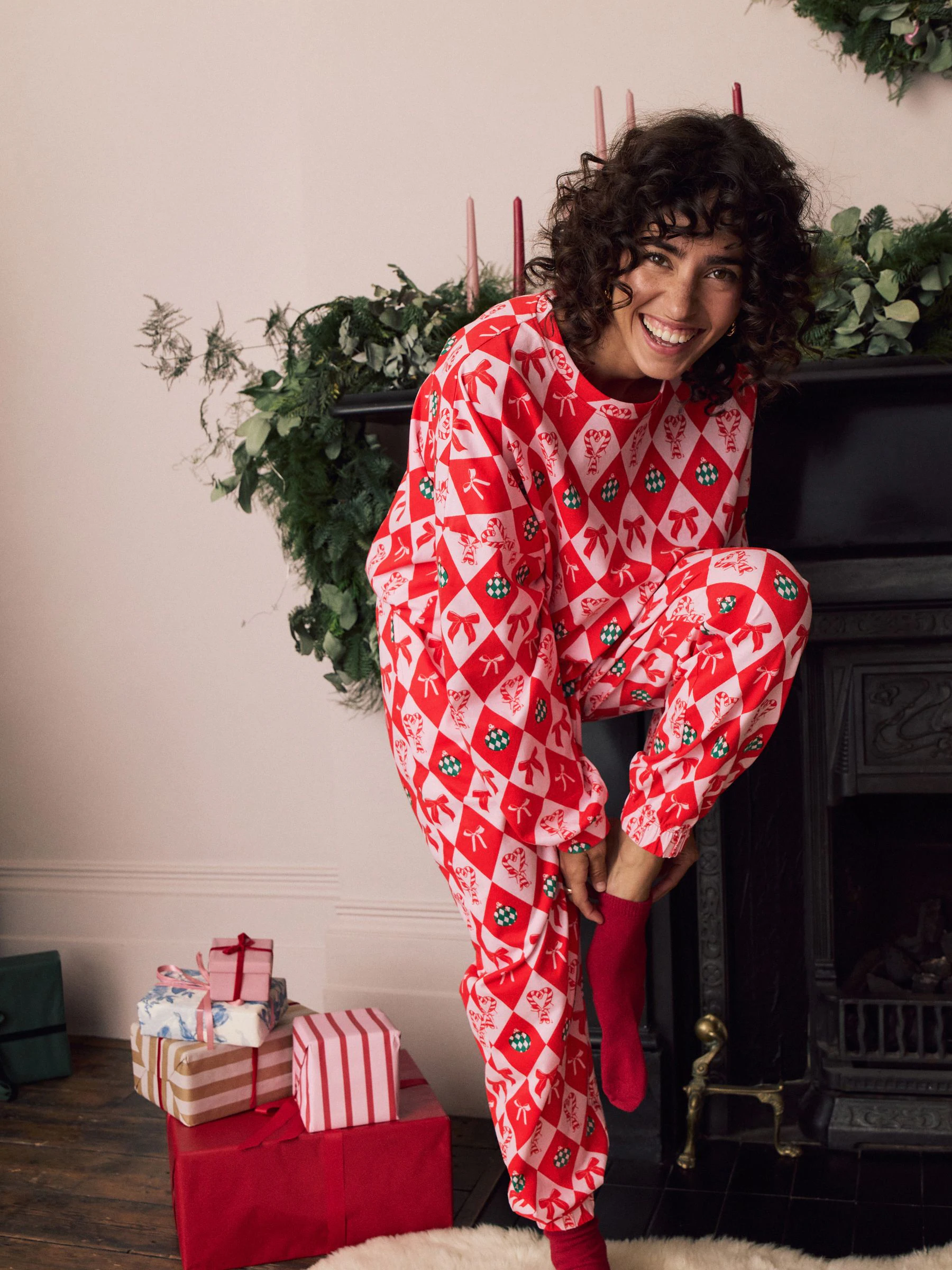 Rode Kerstmis Strikken - 100% katoenen pyjama met lange mouwen
