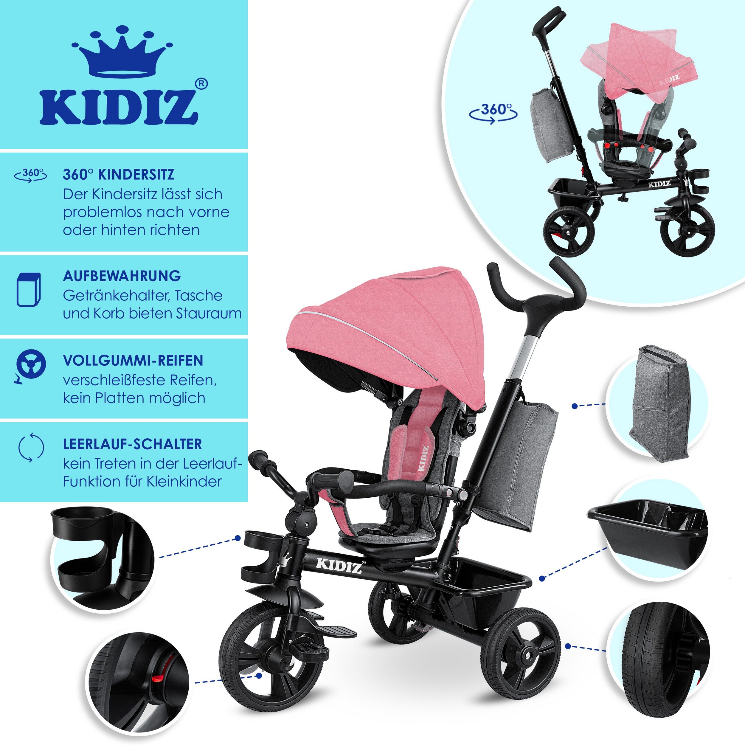 KIDIZ Dreirad, Dreirad 5in1 Kinderdreirad mit Schubstange Lenksystem Stange