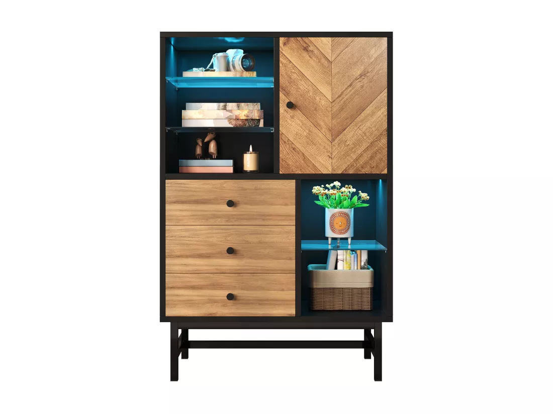 Buffet haut avec LED - 1 porte + 3 tiroirs + 5 compartiments - Naturel + Noir