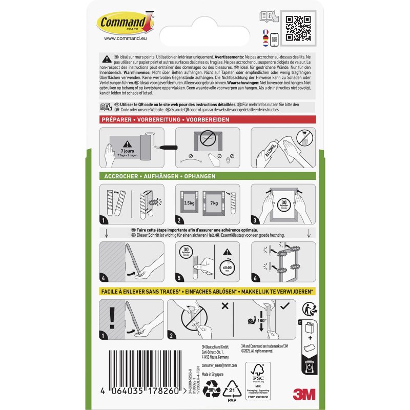 Languettes adhésives Command 3M taille L jusqu'à 7 kg - Blister de 4 x 2
