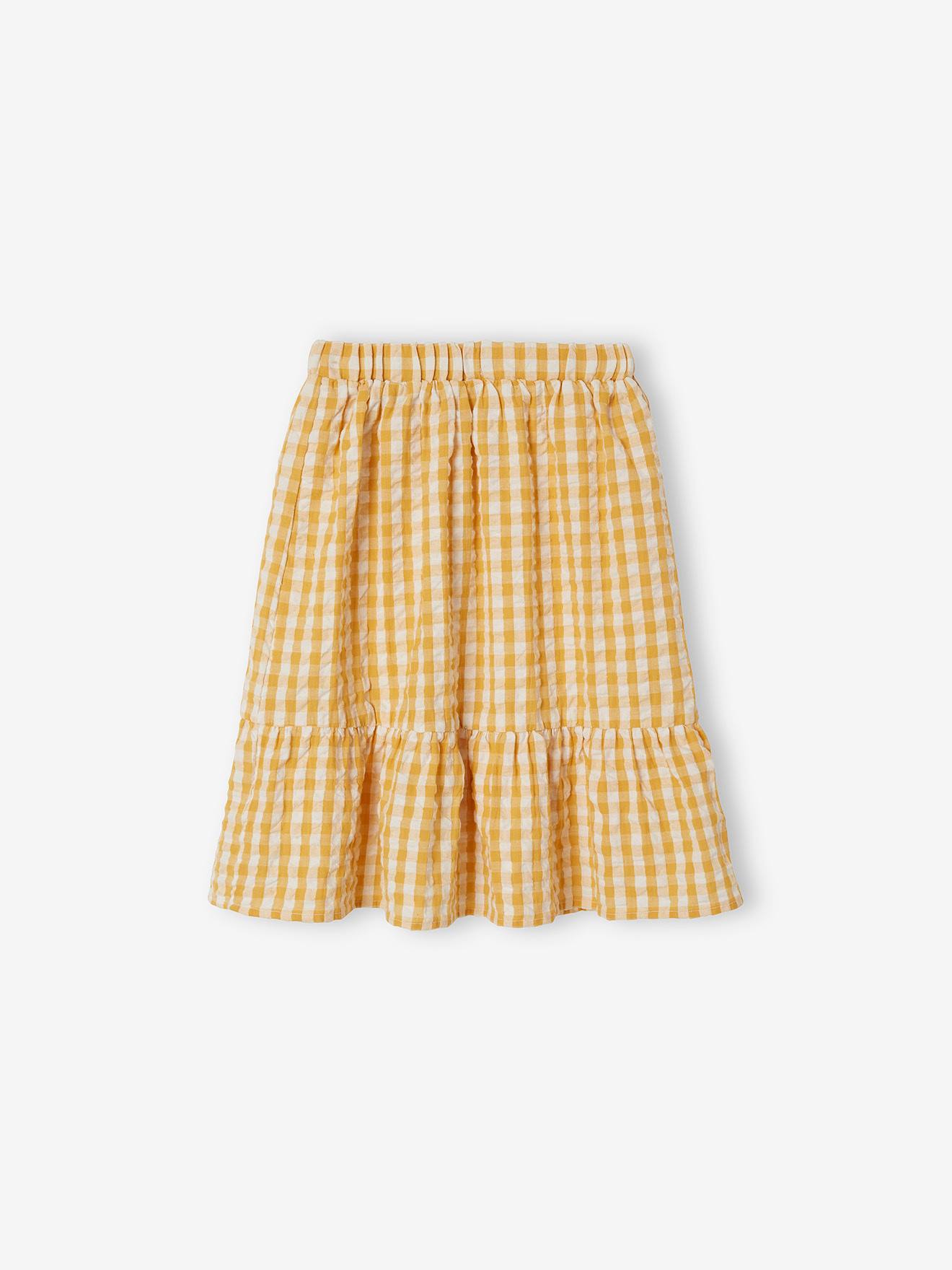 Saia midi xadrez vichy para meninas, xadrez amarelo médio