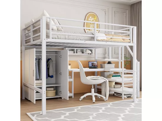 Lit mezzanine 140x200 armoire étagères échelle de rangement bureau Blanc