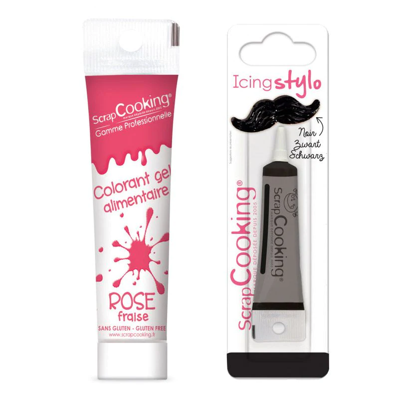 Colorant alimentaire en gel 20 g rose foncé + Stylo de glaçage noir Sc