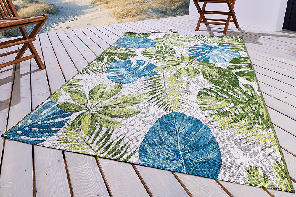 riess-ambiente Teppich LEAF - 235x160cm türkis grün weiß Blätter florales Design wetterfest In- und Outdoor