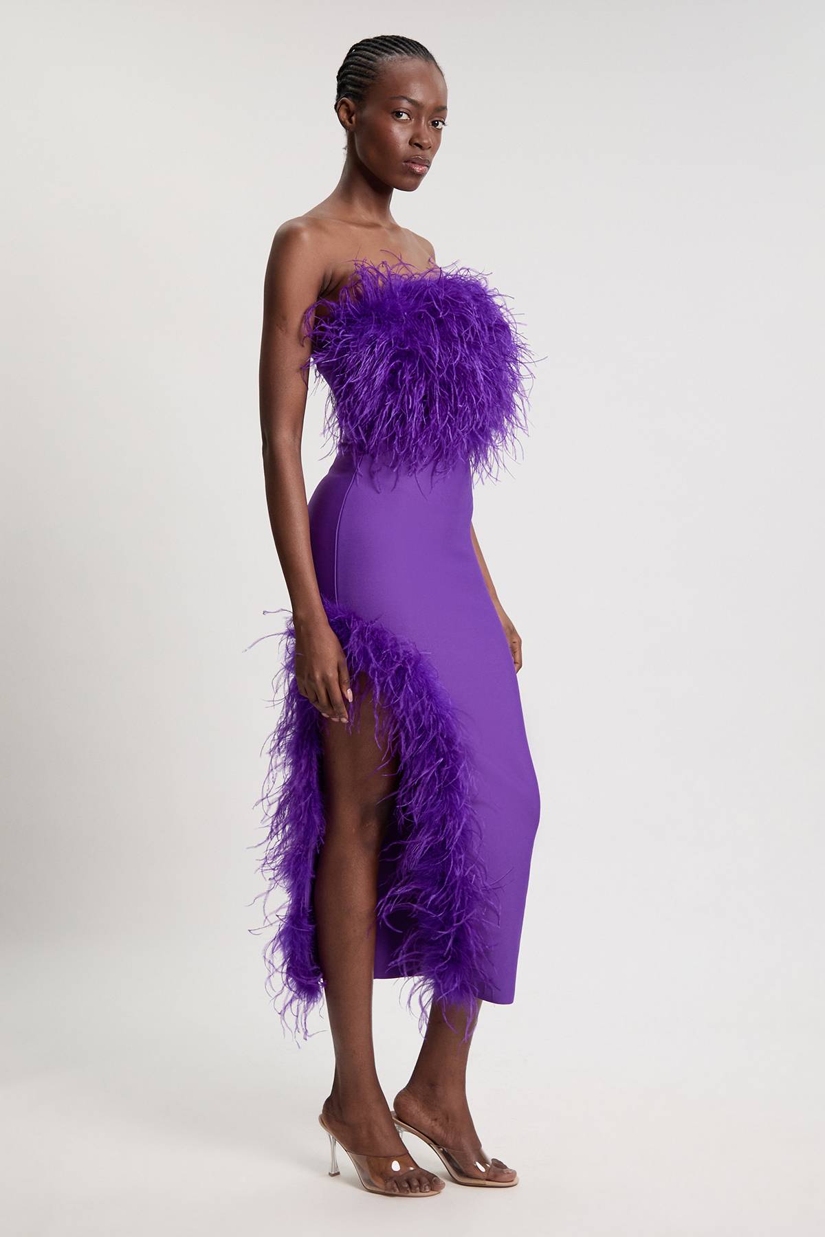 KarenMillen Robe Midi Moulante À Bandeau En Maille Avec Détails Plumes Et Effet Bandage Petite Taille