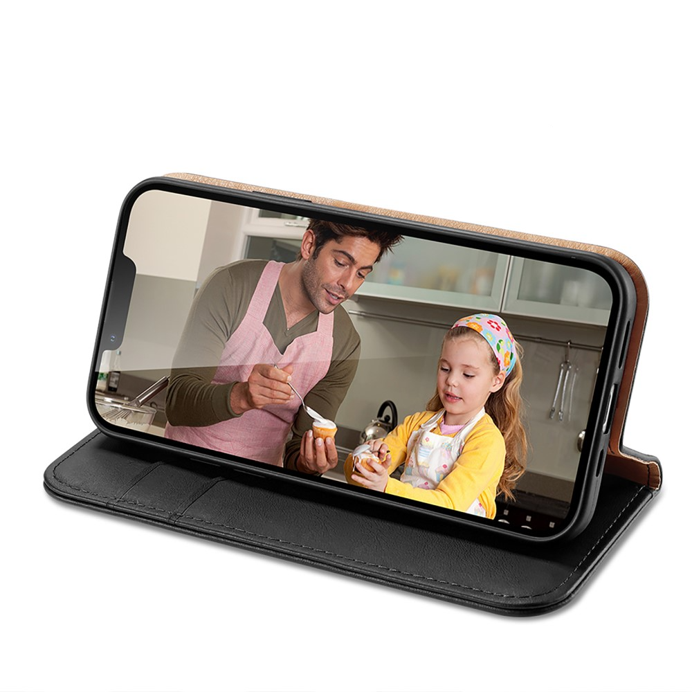 iPhone 15 Flip Wallet Cover Echtleder Tasche (RFID Schutz) - Schwarz