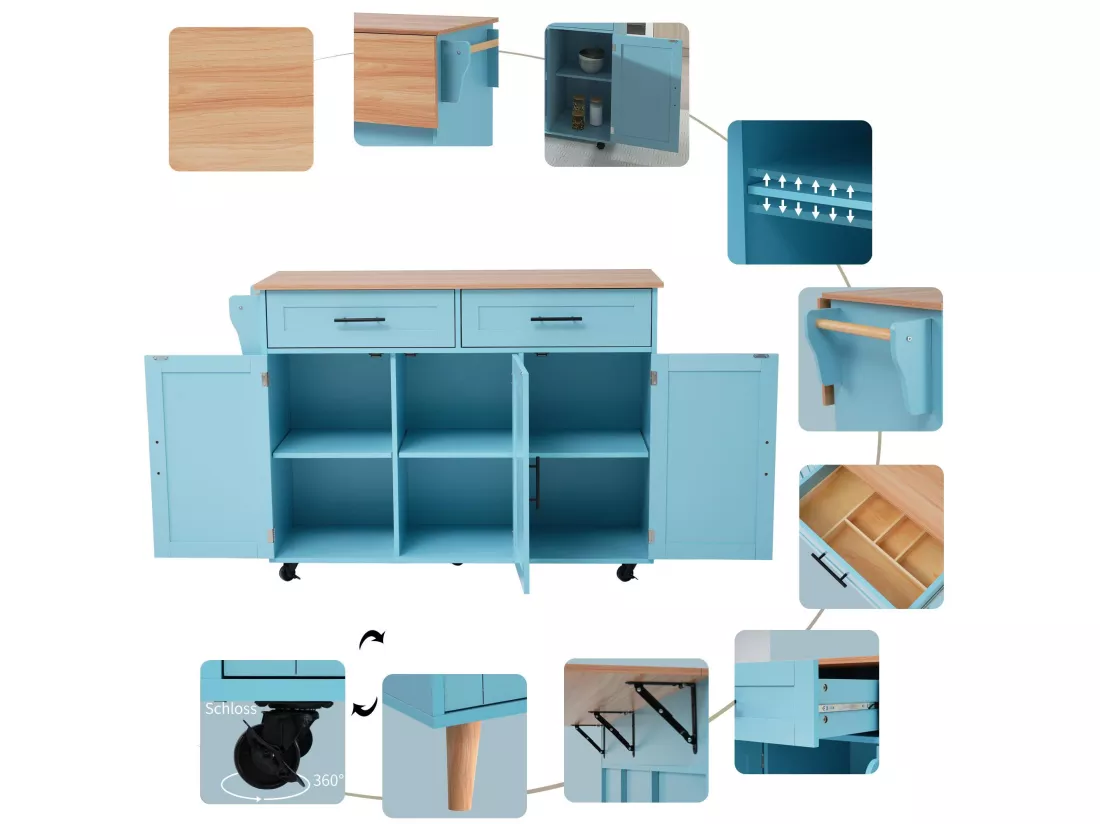 Ilot central de cuisine avec 2 tiroirs - Plateau extensible - pieds en roulettes ou en bois massif - Bleu Ciel