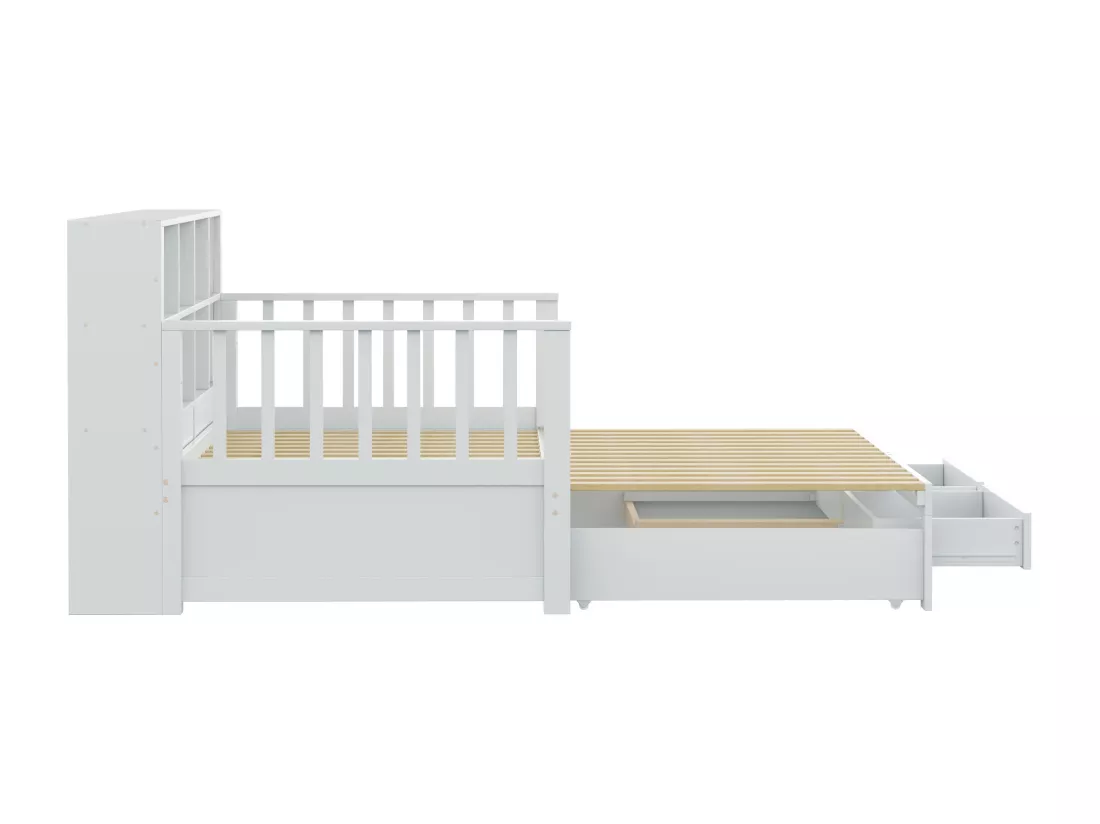 Canapé-lit gigogne en bois massif 90/180x190 cm - avec prise de charge - avec rangement - avec 2 tiroirs - sommier à lattes - blanc (matelas non inclus)