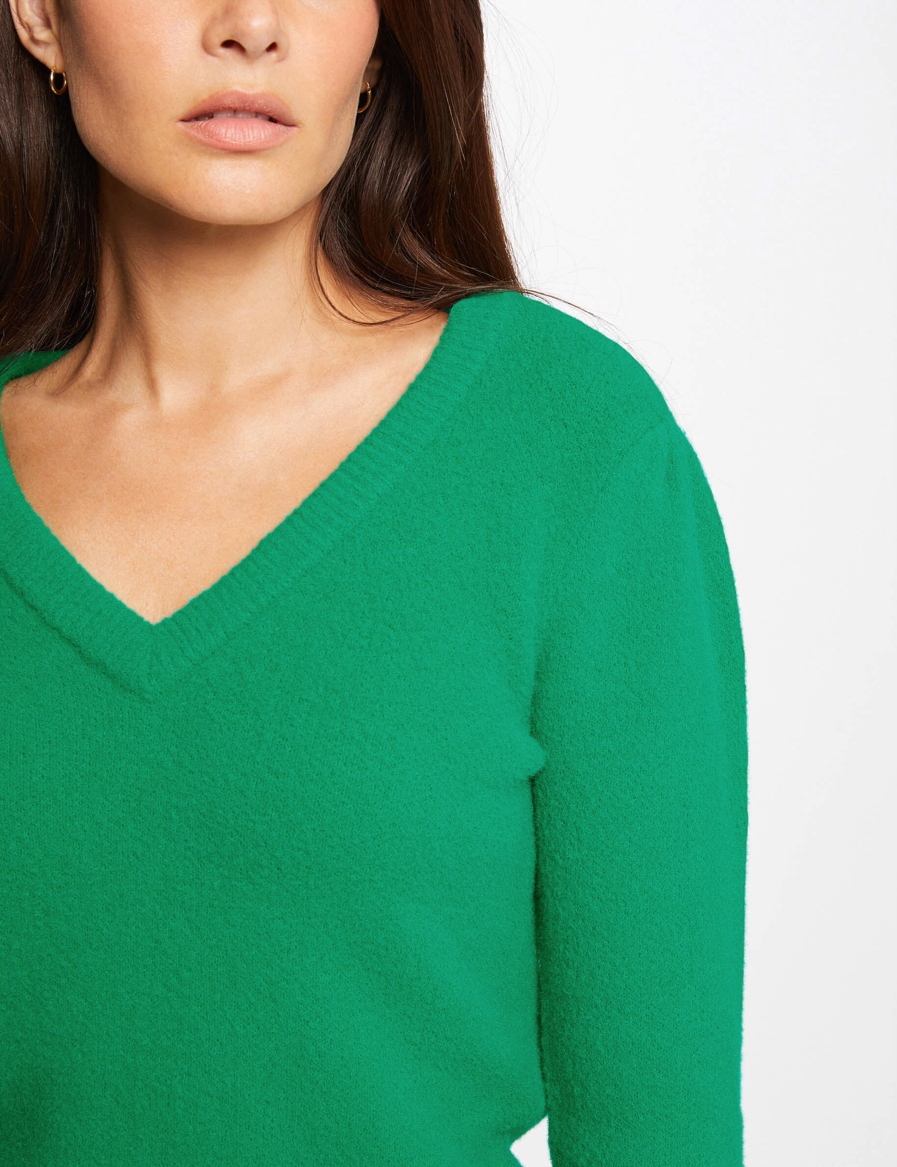 Pull manches longues avec col en V vert moyen femme - vert_moyen
