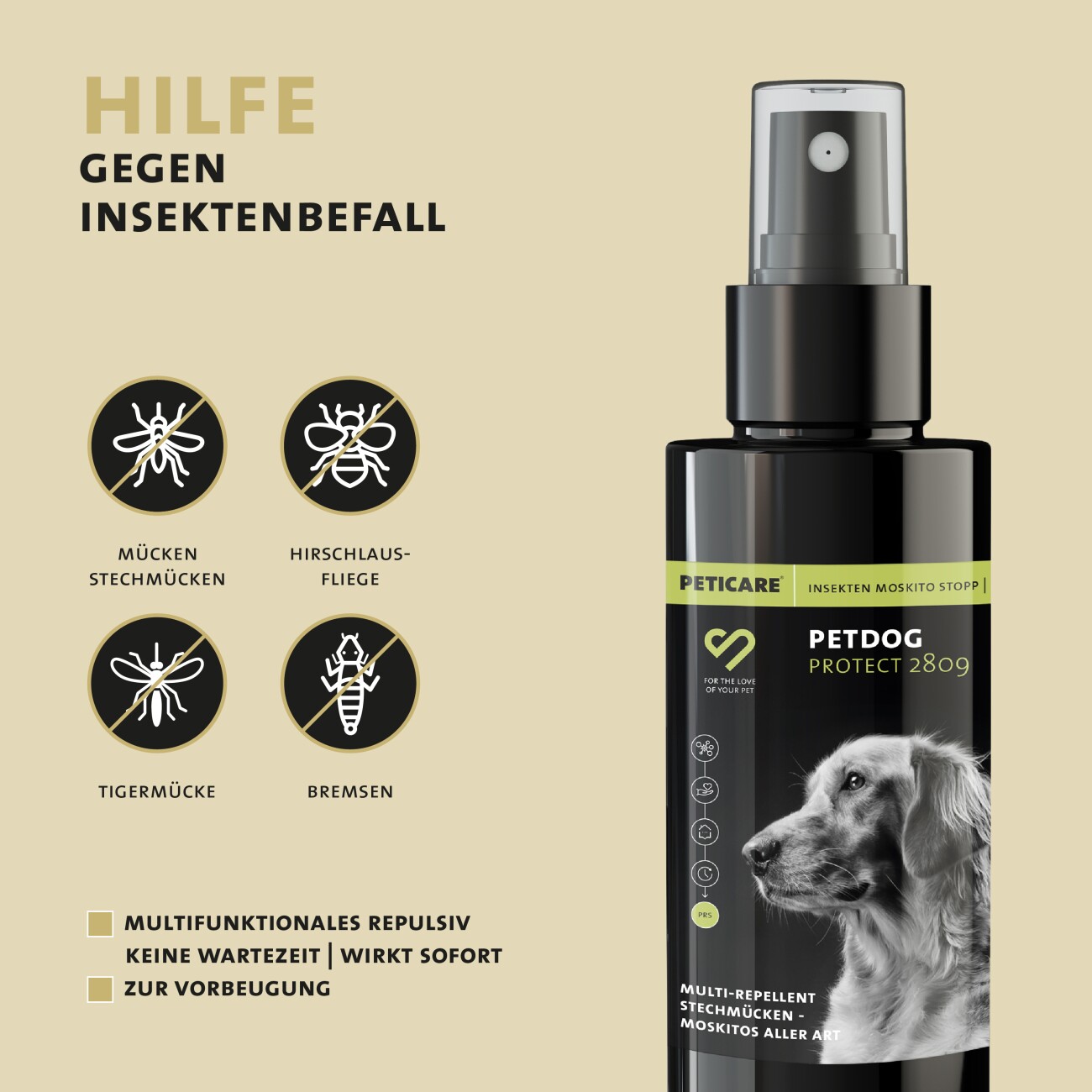 Peticare Anti-Insekten Spray für Hunde gegen Stechmücken Bremsen Mücken Moskito 100 ml