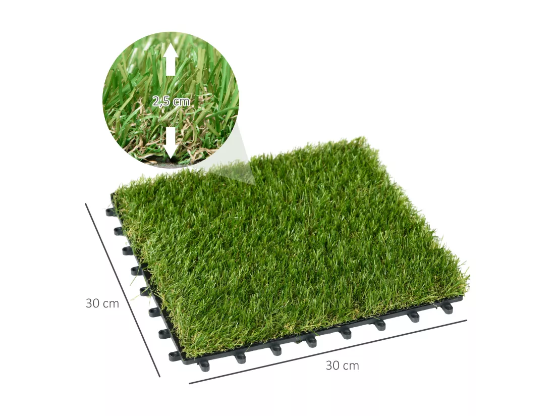 Gazon synthétique artificiel set de 10 dalles carreaux 30 x 30 cm épaisseur confort 3,5 cm à emboîter vert