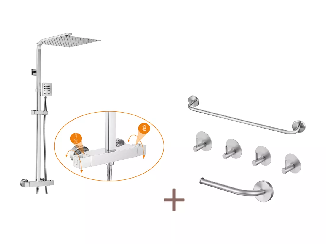 Auralummax Colonne Douche Thermostatique Hauteur Réglable 96-130cm,Pommeau Douche 30x30CM,Chromé+Ensemble Salle Bain Accessoire 6 Pièces,Inox,Brossé