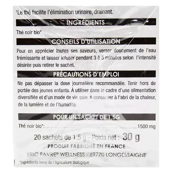 Chá preto orgânico Eric Favre Wellness, 20 sachês