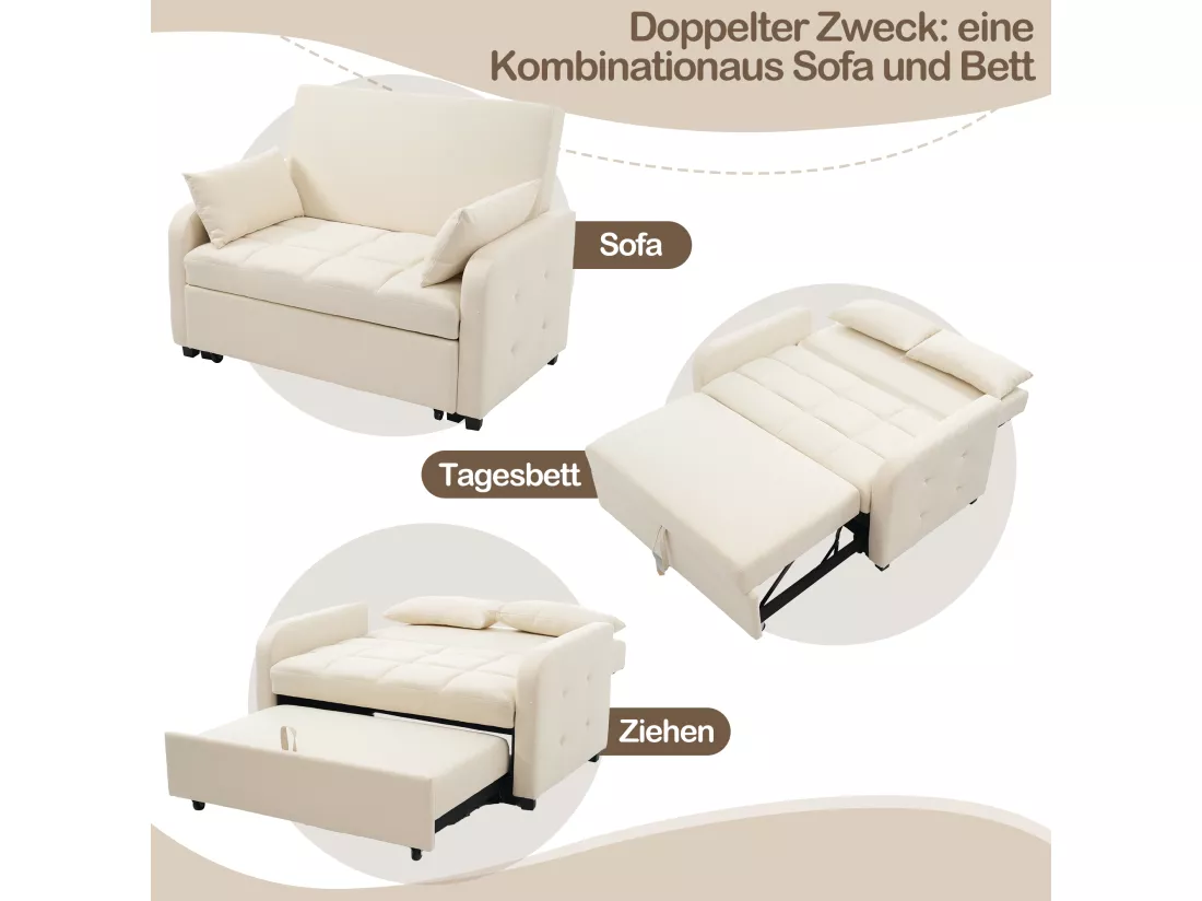 Canapé convertible 2 places, Canapé-lit pliant en tissu lin - 127 x 75 x 94 cm - avec fonction sommeil - Beige