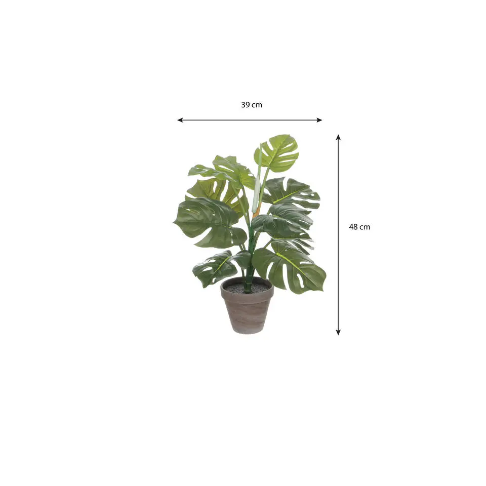 Mica Decorations Kunstplant Monstera - gatenplant - 48 cm - pot grijs