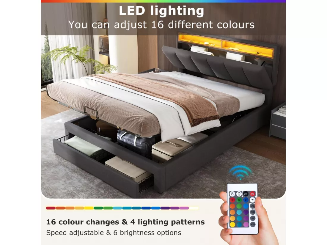 Lit coffre 140x200cm en lin Gris, avec LED et tête de lit rangeable, boîte de lit hydraulique