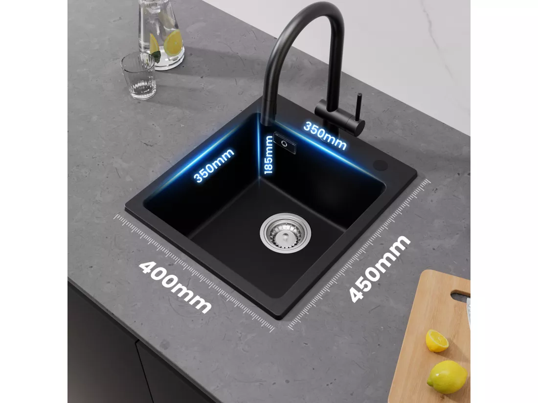 Cecipa max Evier de Cuisine en Quartz et Résine 40x45cm Evier Quartz 1 Bac Noir + Mitigeur avec Douchette Extractible, 3 Modes de Sortie D'eau, Noir