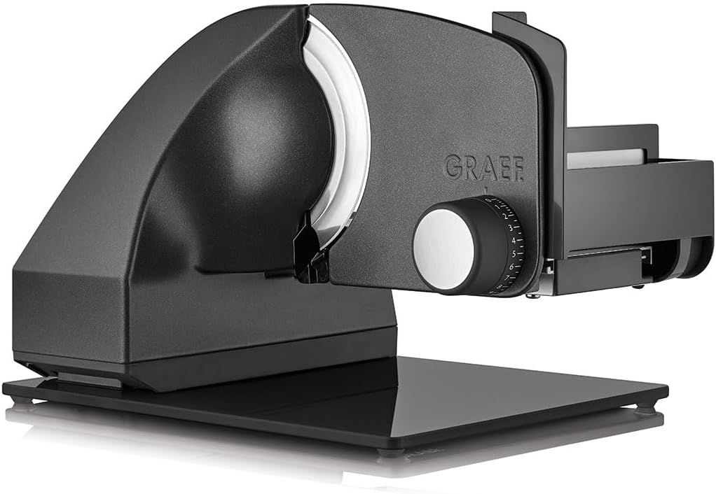 GRAEF. Master M95 - Elektrischer Allesschneider, Made in Germany, Kippbar 30°, Vollstahlmesser 170 mm für feinste Schnitte, Schnittstärke 0-20 mm, 170 W, Vollmetall, Messerschärfer, Eisenglimmergrau