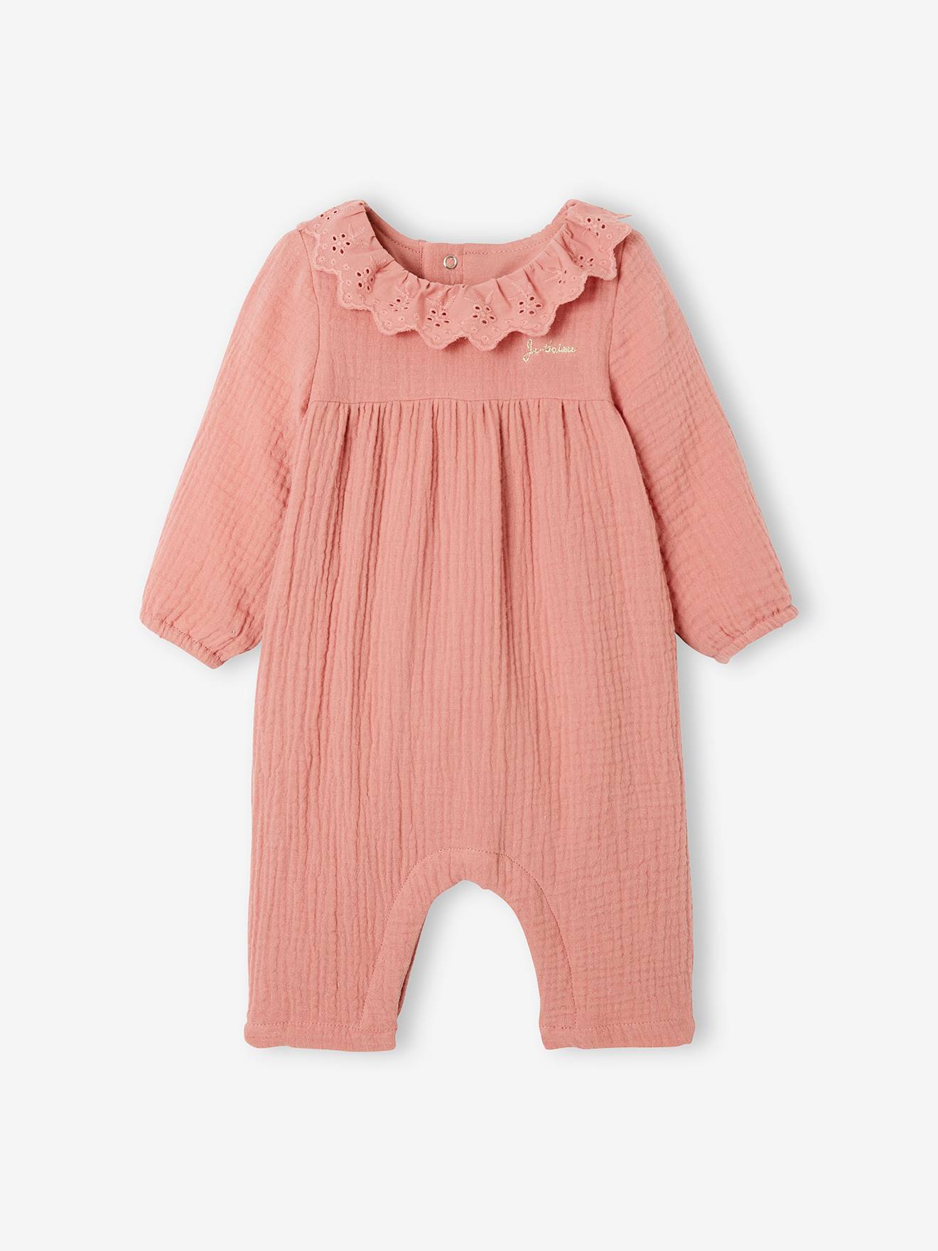 Macacão infantil rosa em chiffon de algodão, cor de maquiagem, com forro.