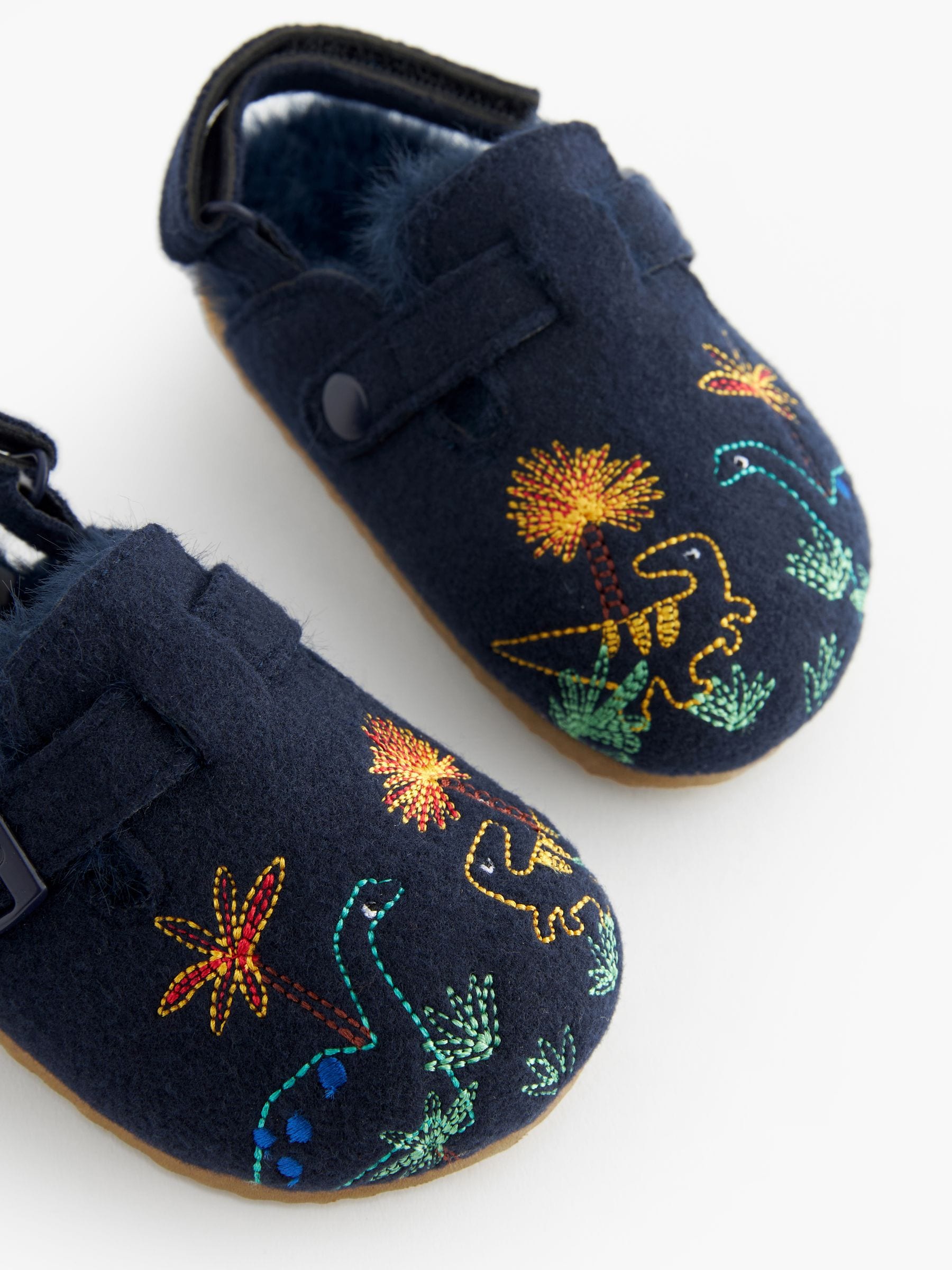 Marineblauw met dinosaurussen - Pantoffelklompen met voering van imitatiebont