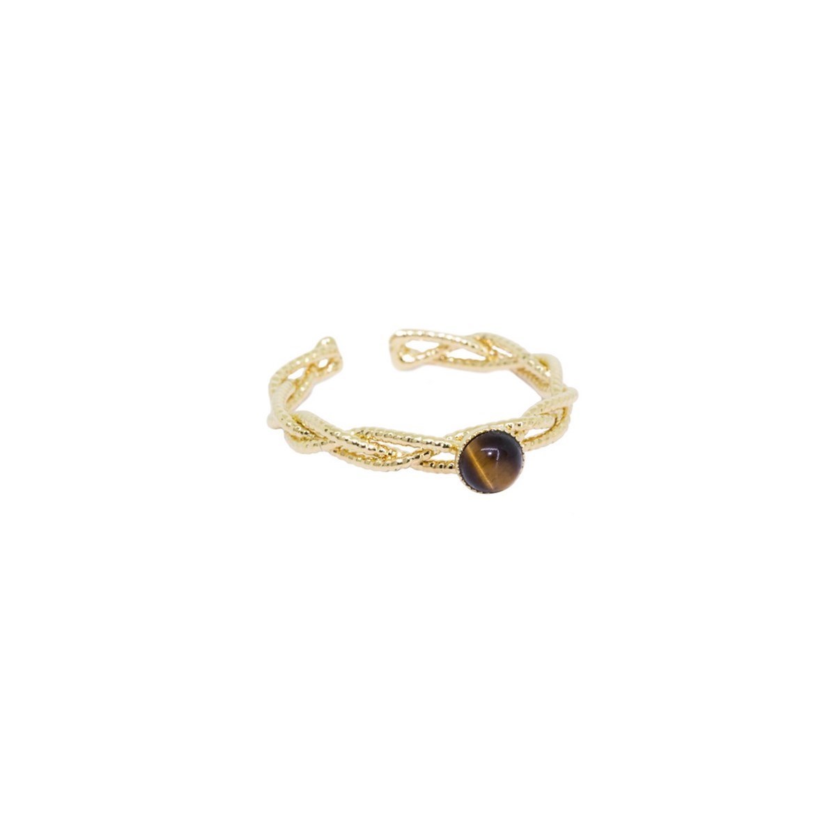 Bague ajustable pierres naturelles Oeil de Tigre raffinée dorée à  l'or fin 24K TORSADÉE