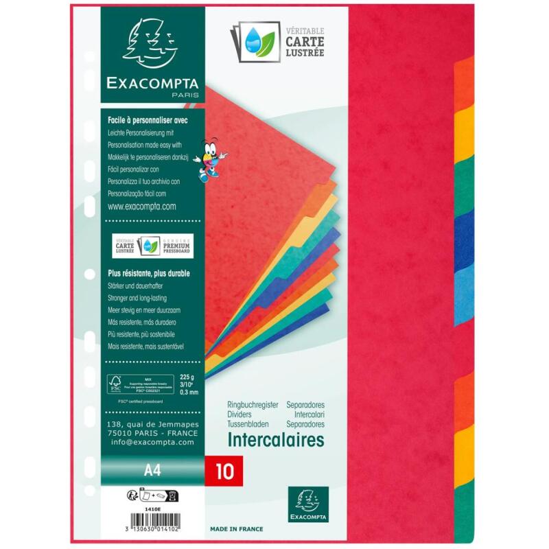 Intercalaires A4 carte lustrée 225 g 10 positions