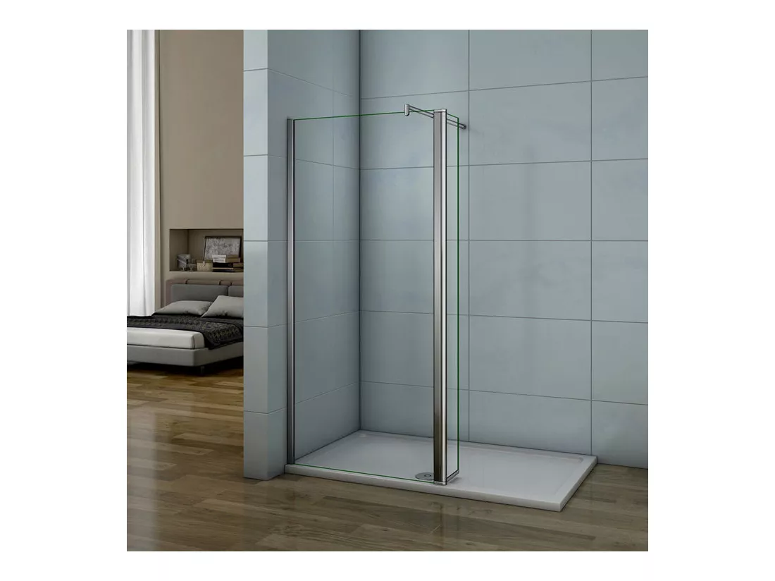 Paroi de douche à l'italienne 40+30x200cm avec retour pivotant - Verre 8mm trempé - Avec barre de fixation 70-120cm en cylindrique