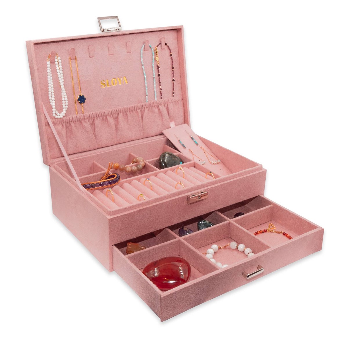 Grande boîte à bijoux velours rose pêche