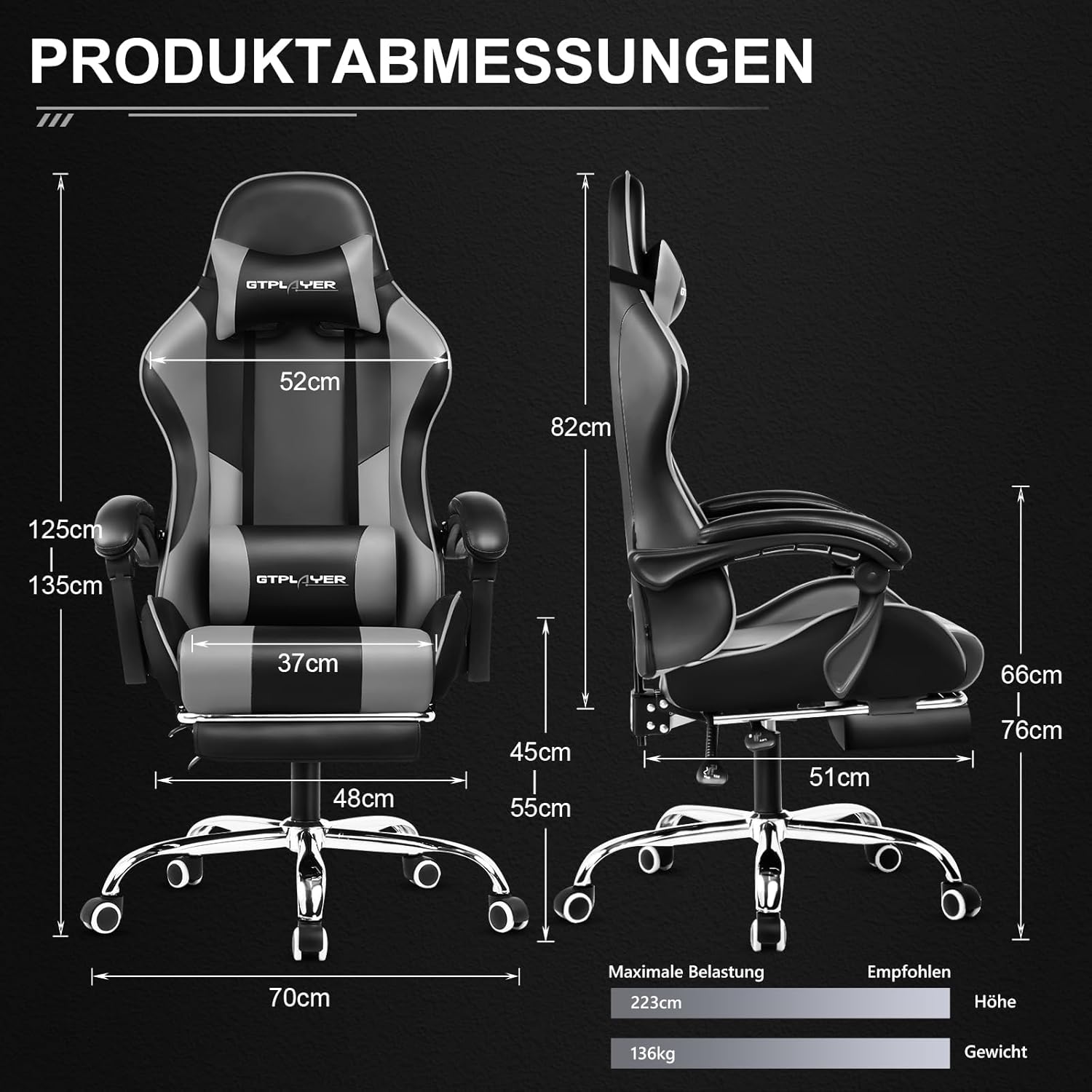 GTPLAYER Gaming Stuhl Bürostuhl Massage Gaming Sessel Ergonomischer Gamer Stuhl mit Fußstütze, Kopfstütze Massage-Lendenkissen, Gepolstert Gaming Chair, Drehsessel, grau
